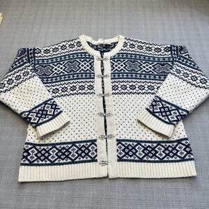 Nordic Fair Isle Sweater XL Blue Cream‎ Metal Clasps Ski Cottagecore Cozy Wool *